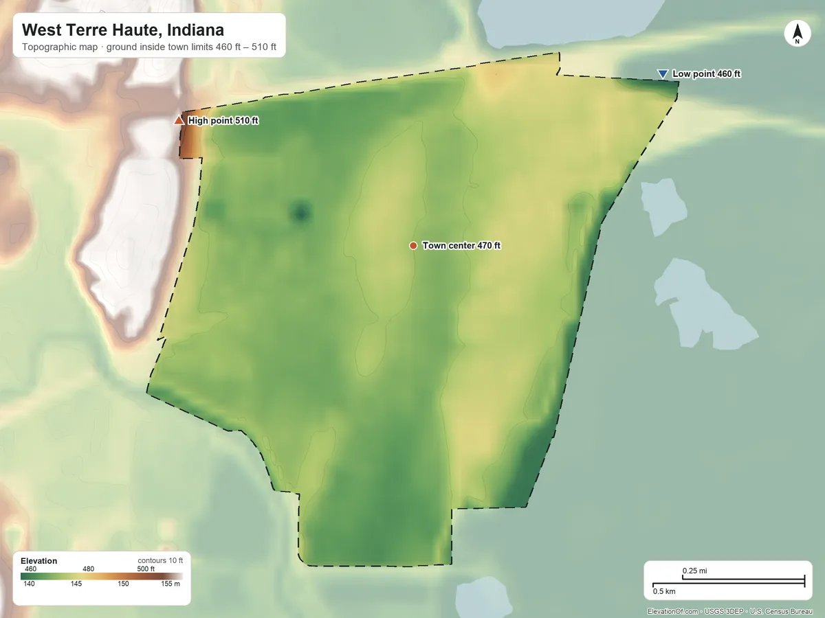 Topographic elevation map of West Terre Haute, Indiana, shaded from 460 ft on the northeast side to 510 ft on the northwest side