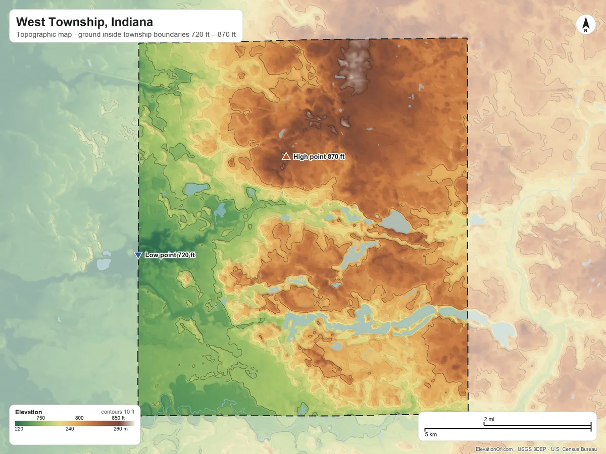 Topographic elevation map of West Township, Indiana, shaded from 720 ft on the west side to 870 ft on the northwest side