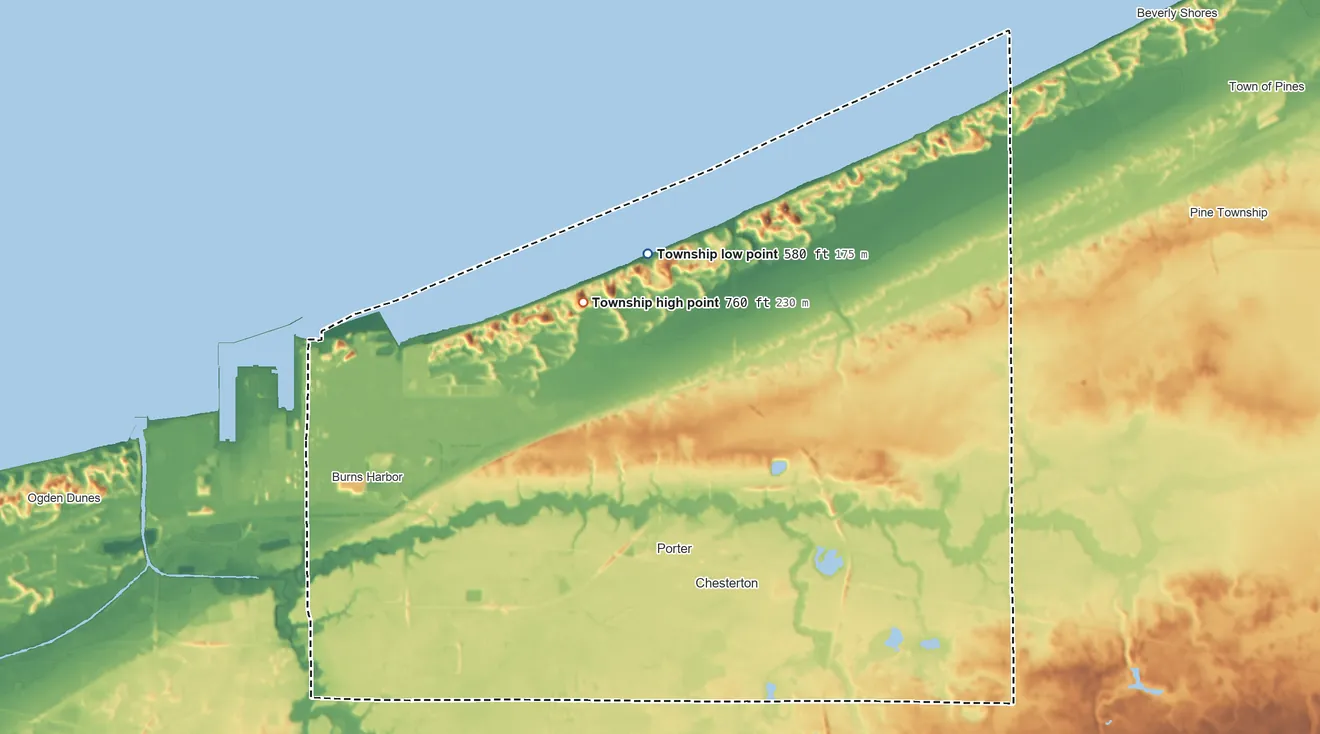 Topographic elevation map of Westchester Township, Indiana, shaded from 580 ft on the north side to 760 ft on the north side