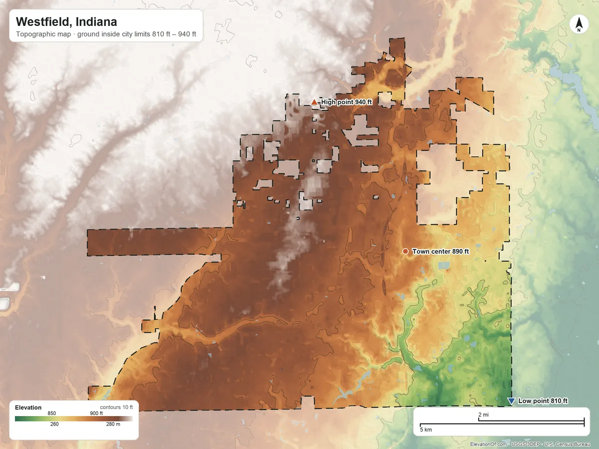 Topographic elevation map of Westfield, Indiana, shaded from 810 ft on the southeast side to 940 ft on the northwest side