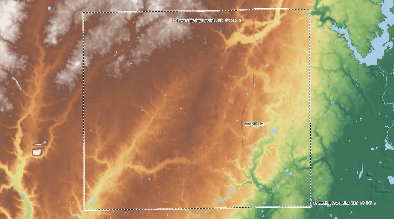 Topographic elevation map of Westfield Washington Township, Indiana, shaded from 810 ft on the southeast side to 950 ft on the north side
