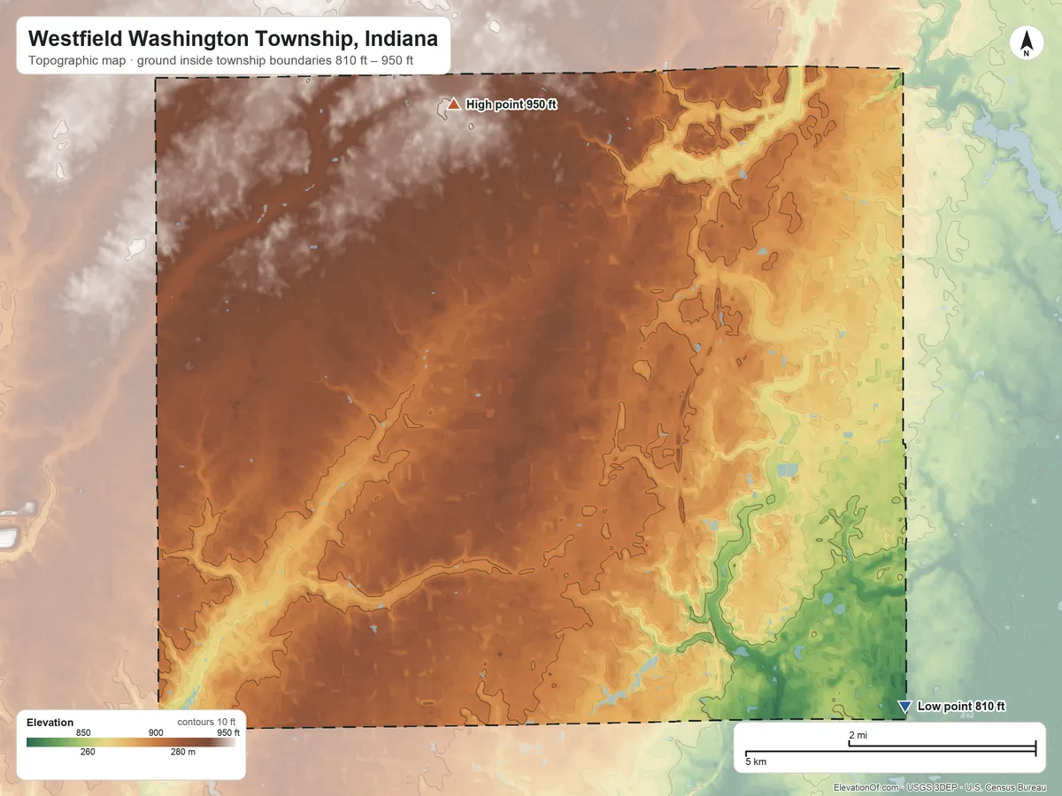 Topographic elevation map of Westfield Washington Township, Indiana, shaded from 810 ft on the southeast side to 950 ft on the north side