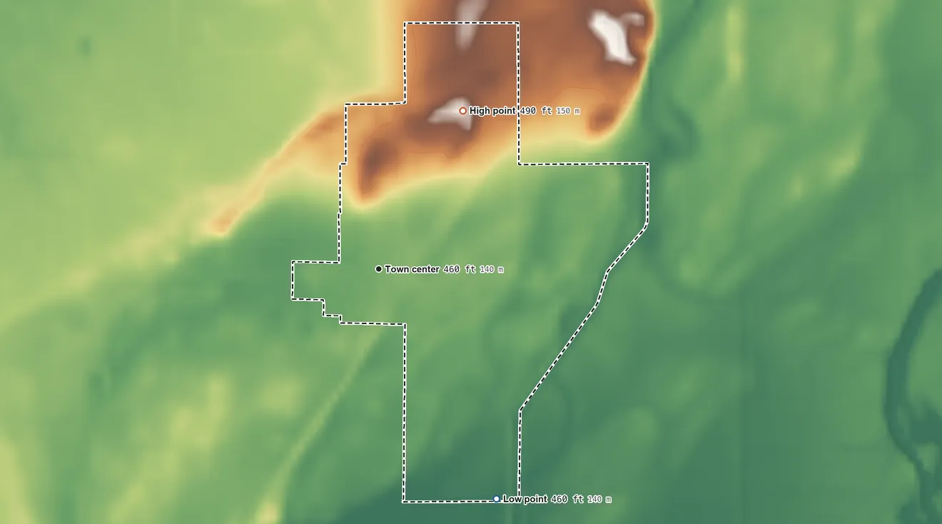 Topographic elevation map of Westphalia, Indiana, shaded from 460 ft on the southeast side to 490 ft on the northeast side