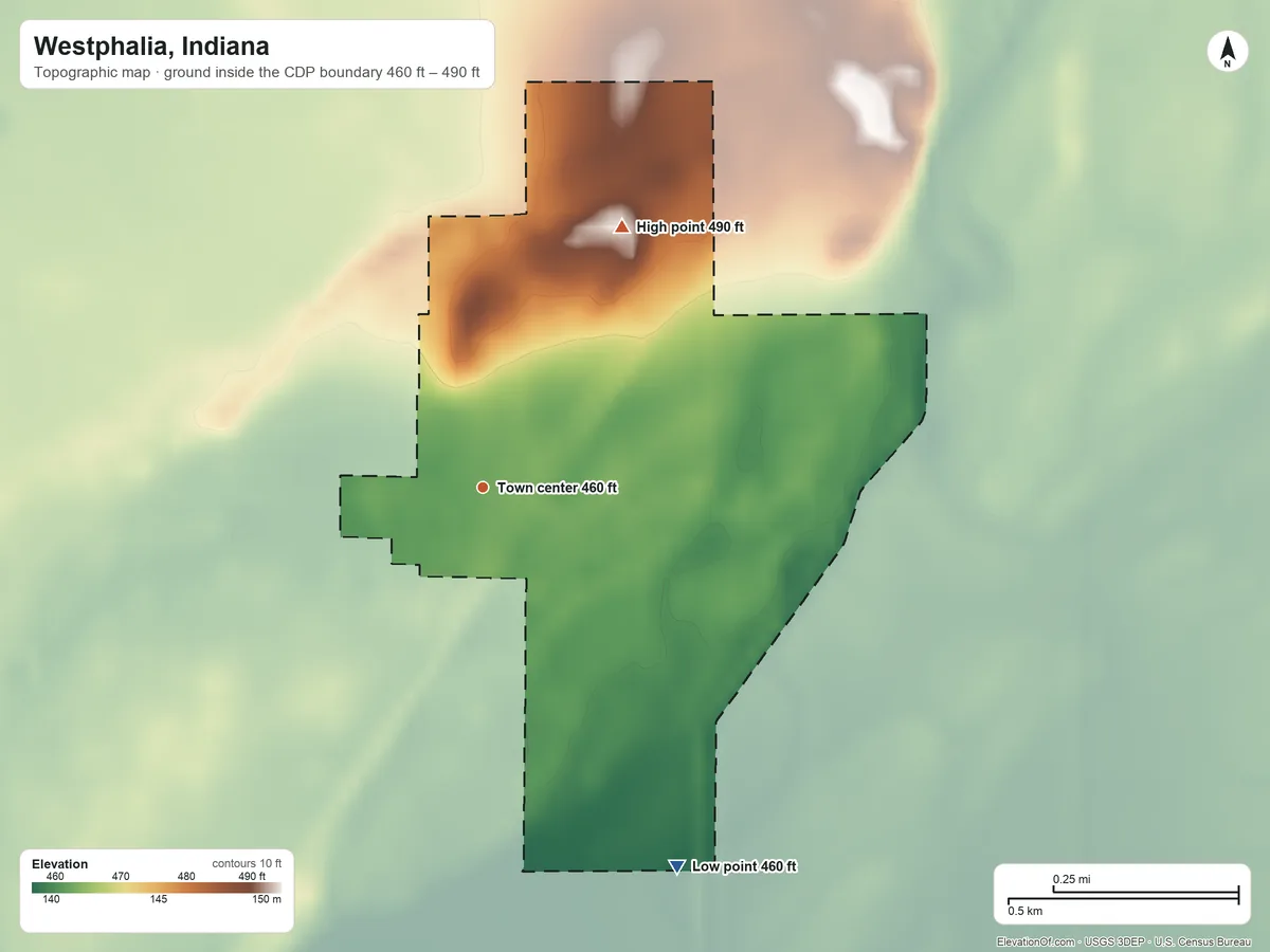 Topographic elevation map of Westphalia, Indiana, shaded from 460 ft on the southeast side to 490 ft on the northeast side