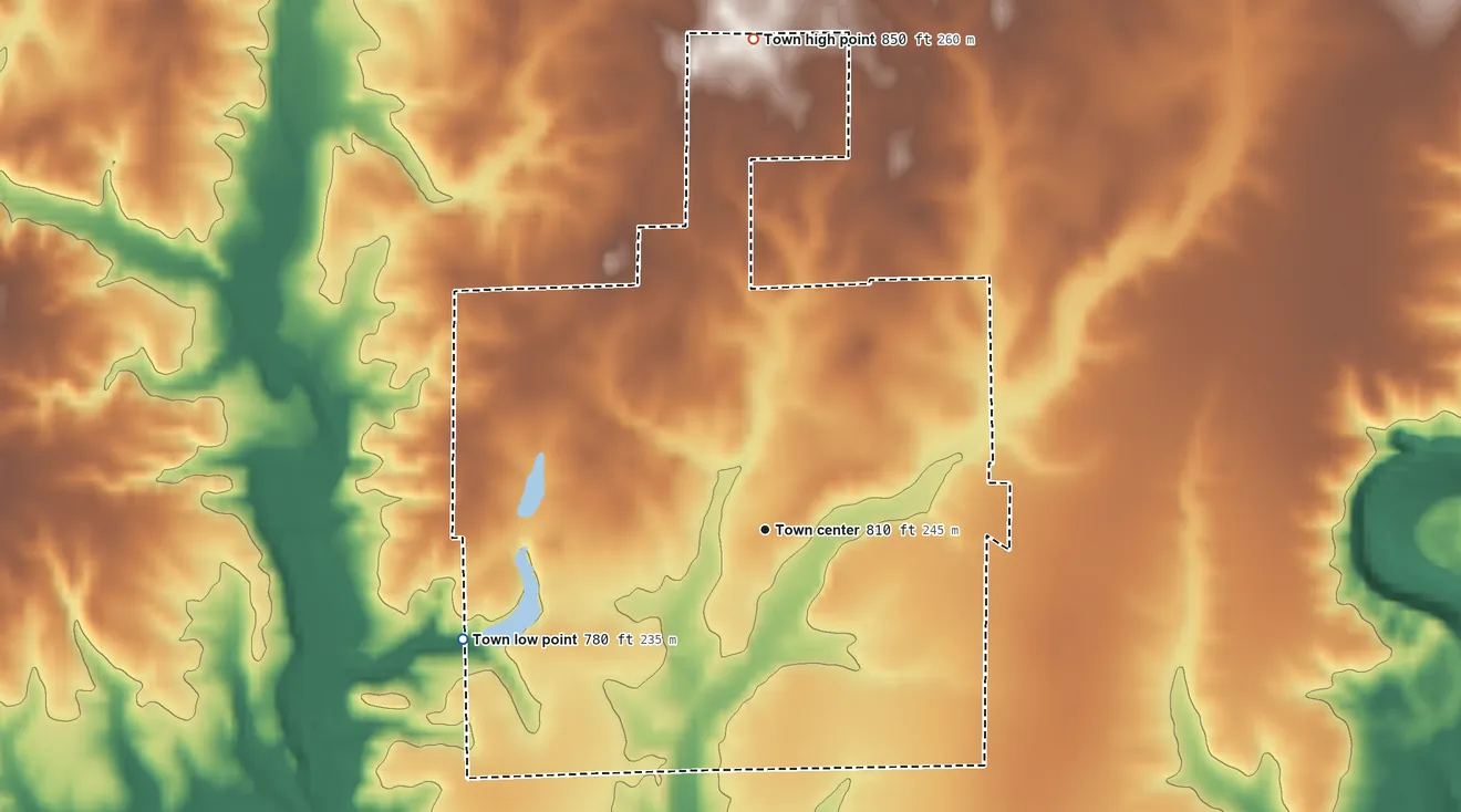 Topographic elevation map of Westport, Indiana, shaded from 780 ft on the west side to 850 ft on the north side