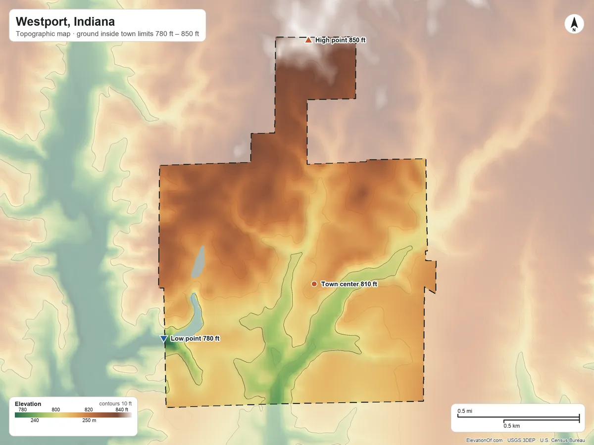 Topographic elevation map of Westport, Indiana, shaded from 780 ft on the west side to 850 ft on the north side