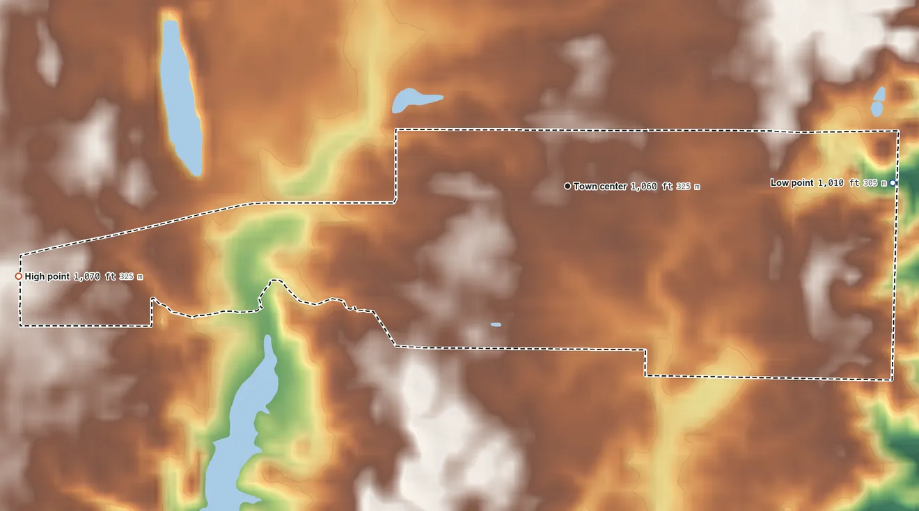 Topographic elevation map of Westwood, Indiana, shaded from 1,010 ft on the east side to 1,070 ft on the west side