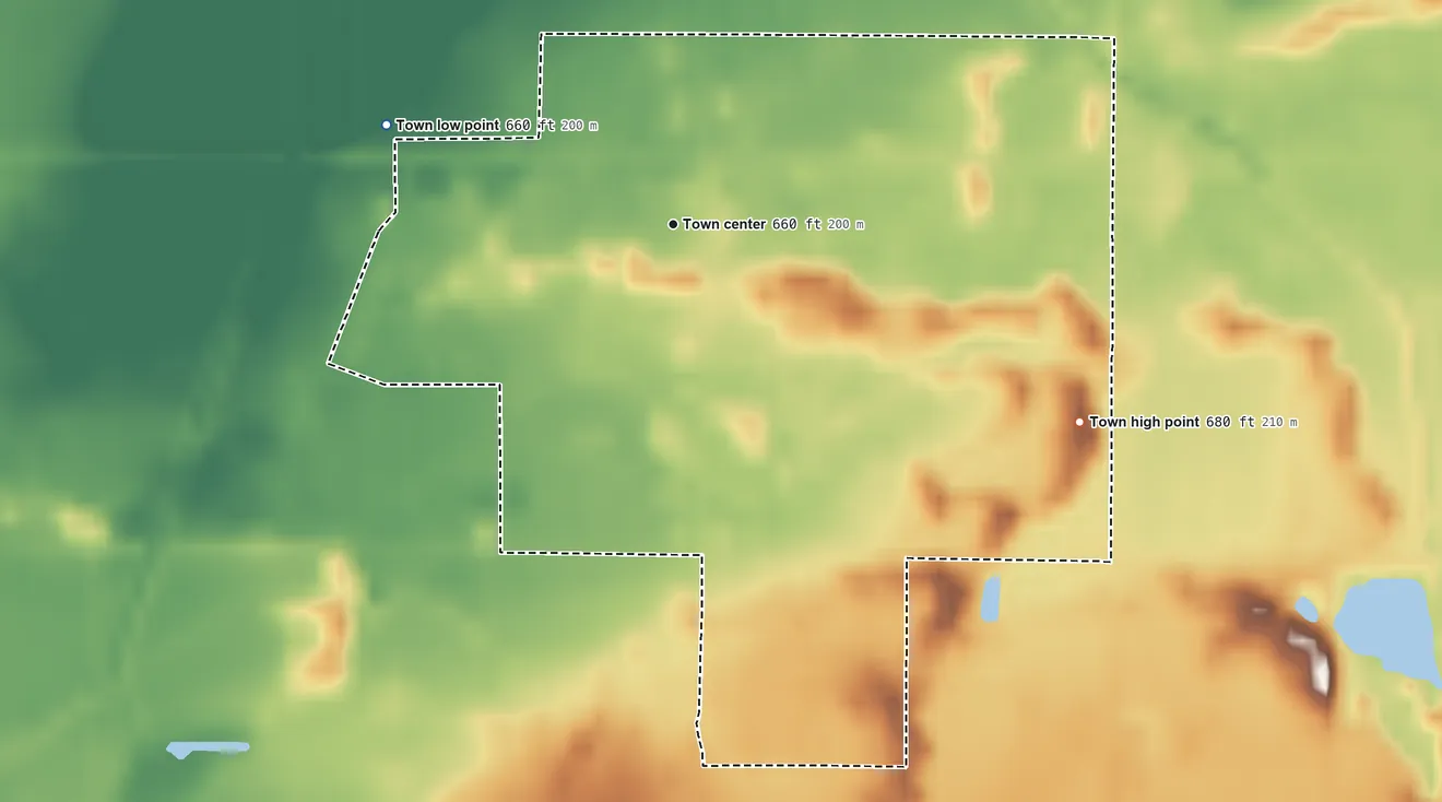 Topographic elevation map of Wheatfield, Indiana, shaded from 660 ft on the west side to 680 ft on the southeast side