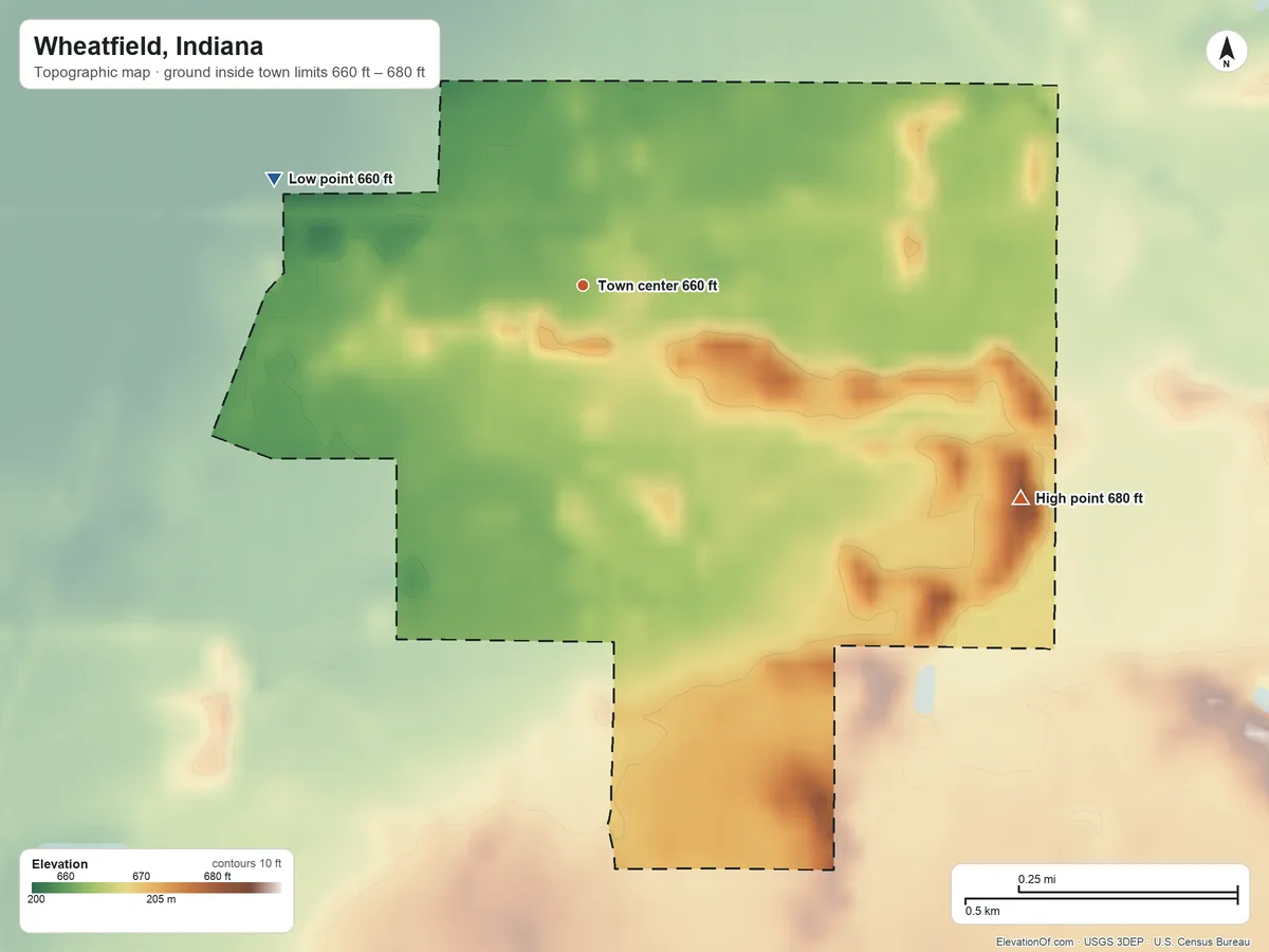 Topographic elevation map of Wheatfield, Indiana, shaded from 660 ft on the west side to 680 ft on the southeast side