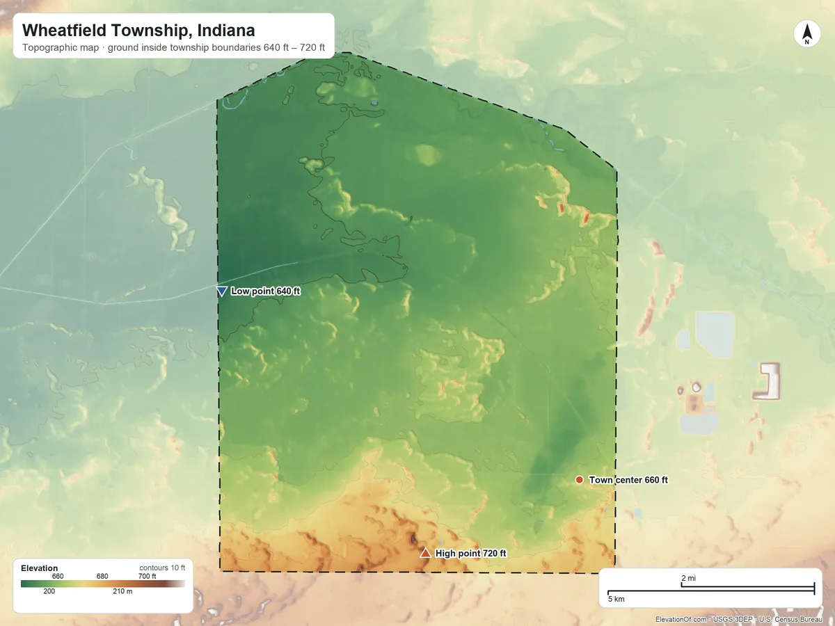 Topographic elevation map of Wheatfield Township, Indiana, shaded from 640 ft on the northwest side to 720 ft on the southwest side