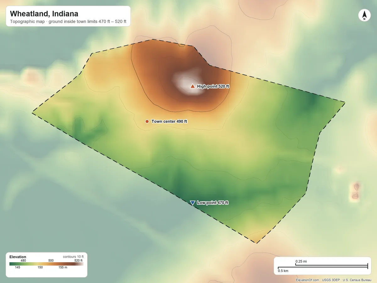 Topographic elevation map of Wheatland, Indiana, shaded from 470 ft on the southeast side to 520 ft on the northeast side
