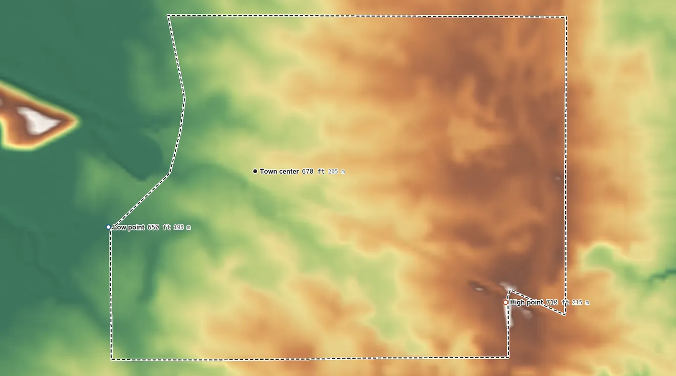 Topographic elevation map of Wheeler, Indiana, shaded from 650 ft on the west side to 710 ft on the southeast side
