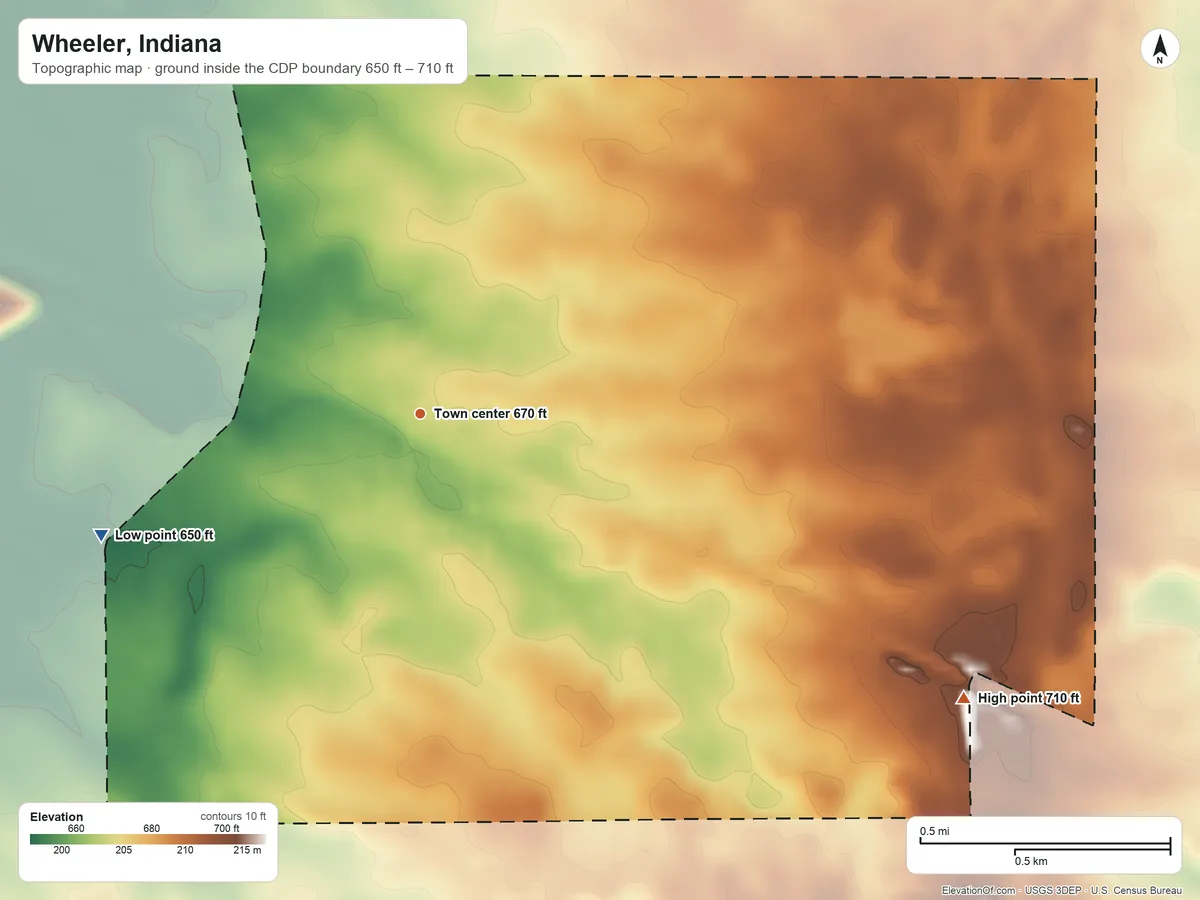 Topographic elevation map of Wheeler, Indiana, shaded from 650 ft on the west side to 710 ft on the southeast side