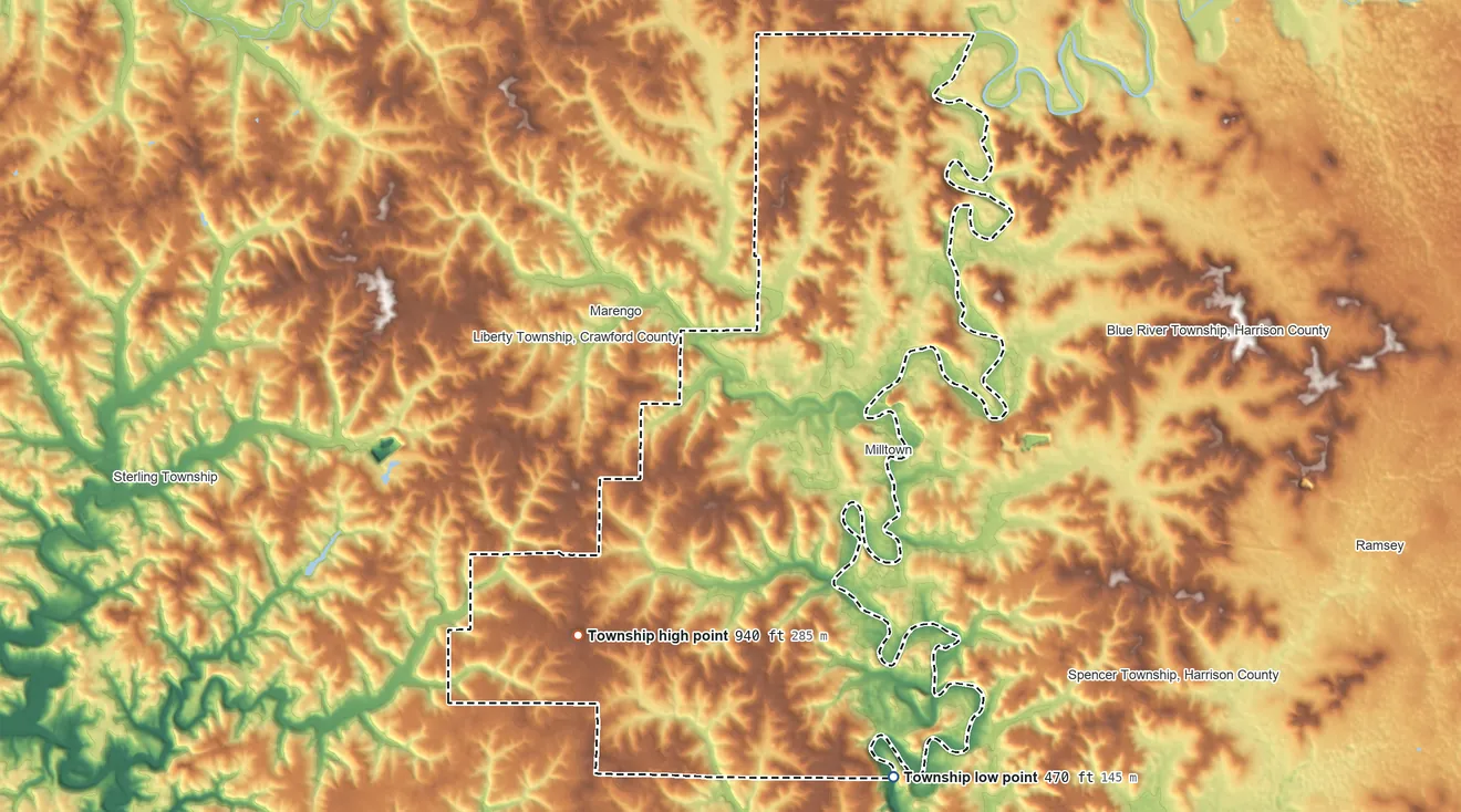 Topographic elevation map of Whiskey Run Township, Indiana, shaded from 470 ft on the southeast side to 940 ft on Pilot Knob