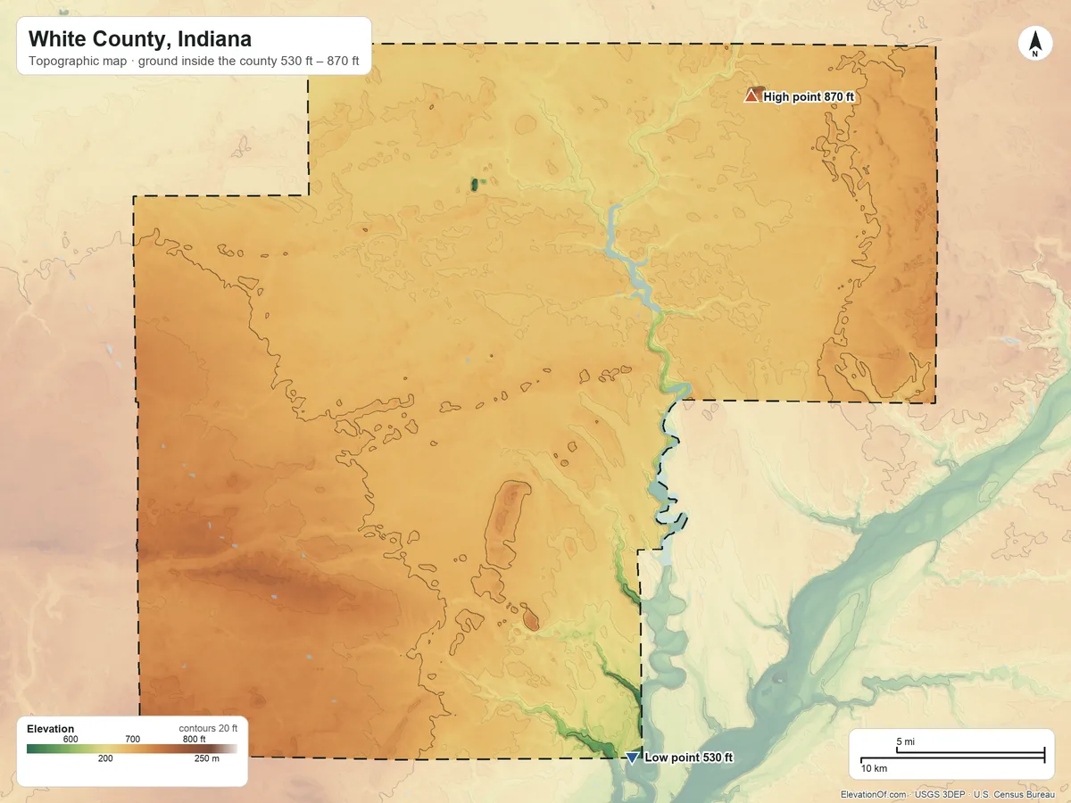 Topographic elevation map of White County, Indiana, shaded from 530 ft on the south side to 870 ft on the northeast side