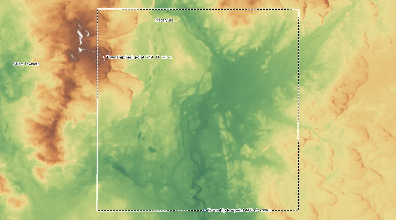 Topographic elevation map of White Post Township, Indiana, shaded from 660 ft on the south side to 740 ft on the west side