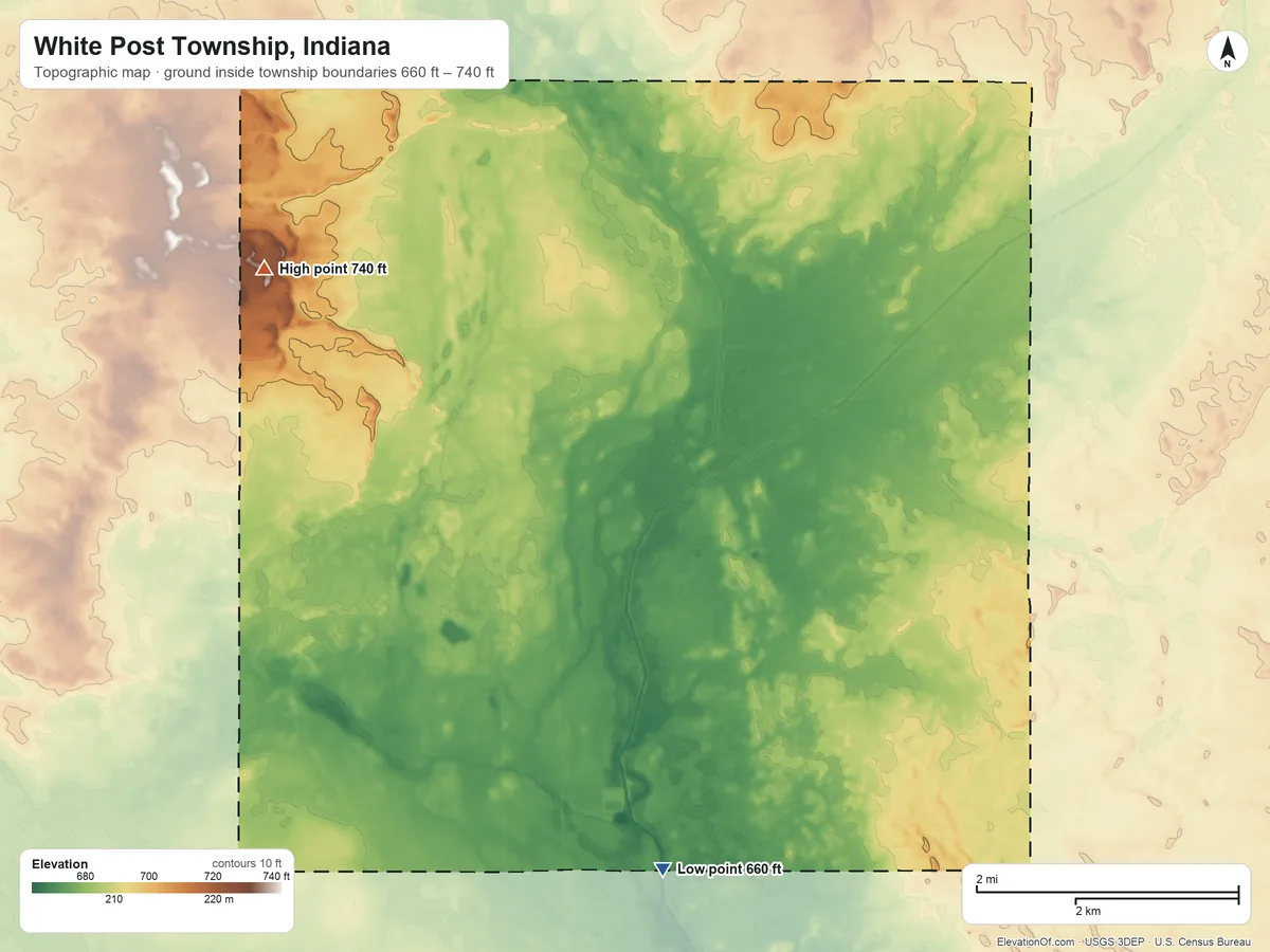 Topographic elevation map of White Post Township, Indiana, shaded from 660 ft on the south side to 740 ft on the west side
