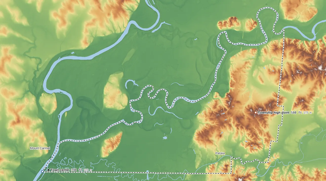 Topographic elevation map of White River Township, Gibson County, Indiana, shaded from 370 ft near the middle to 580 ft on the east side