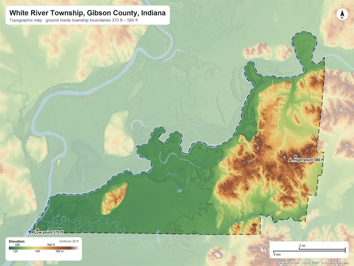 Topographic elevation map of White River Township, Gibson County, Indiana, shaded from 370 ft near the middle to 580 ft on the east side