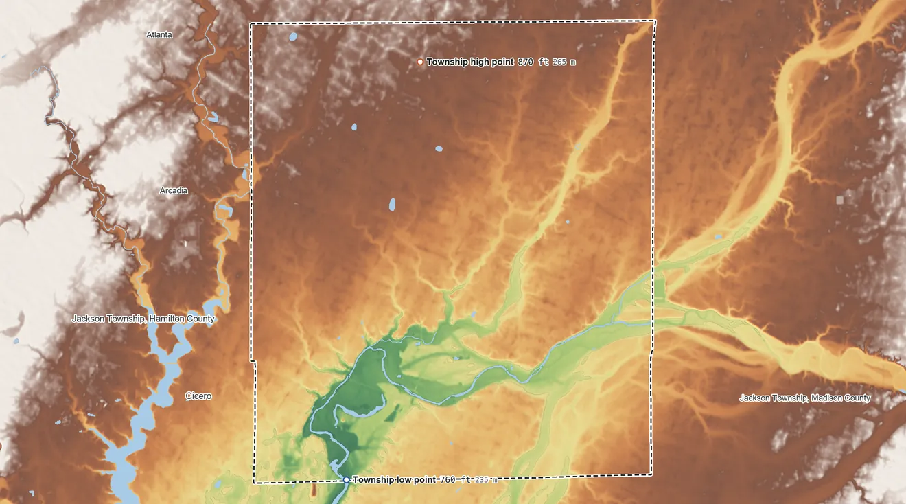 Topographic elevation map of White River Township, Hamilton County, Indiana, shaded from 760 ft on the southwest side to 870 ft on the north side