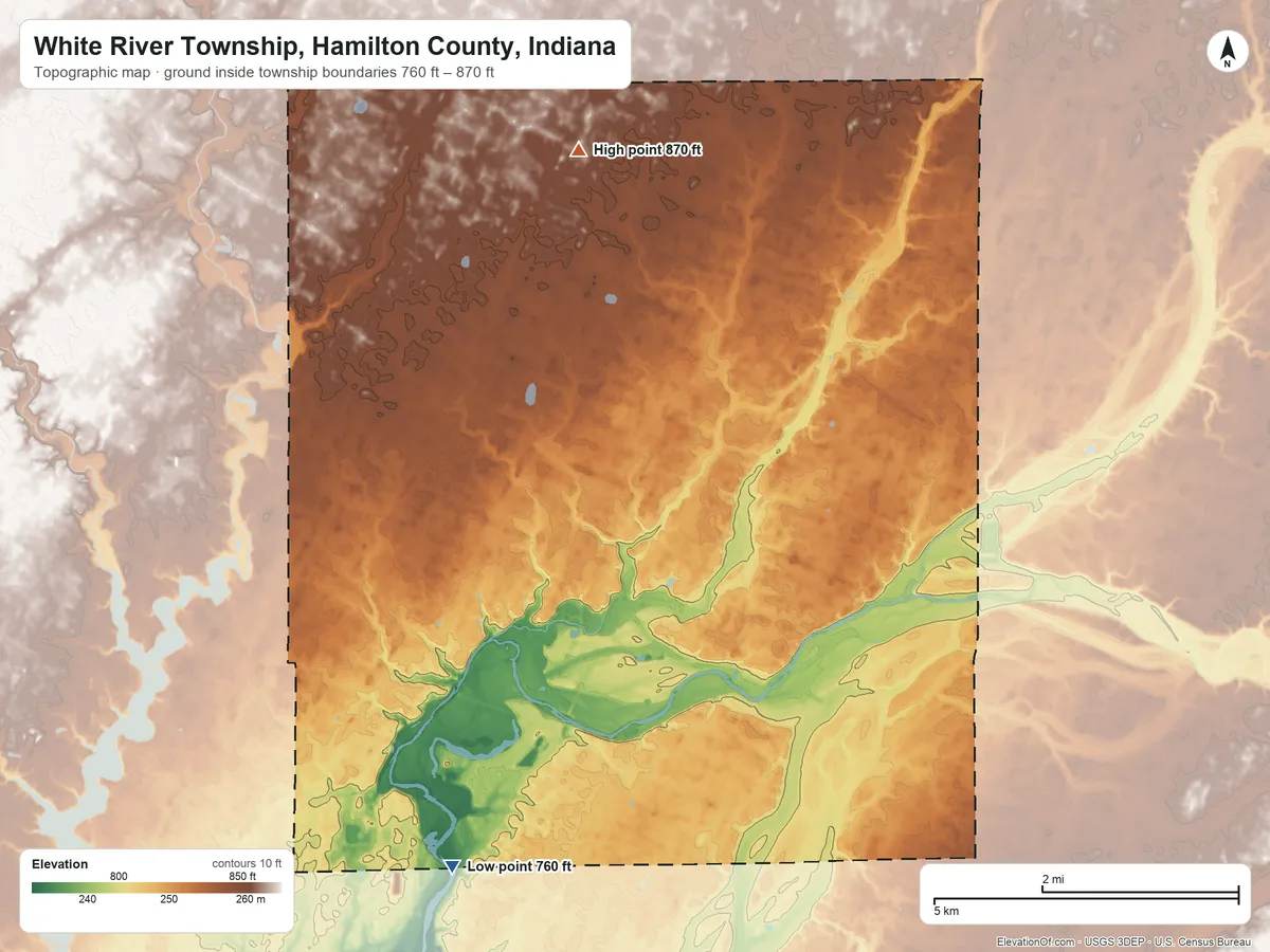 Topographic elevation map of White River Township, Hamilton County, Indiana, shaded from 760 ft on the southwest side to 870 ft on the north side