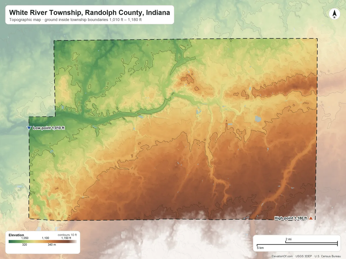 Topographic elevation map of White River Township, Randolph County, Indiana, shaded from 1,010 ft on the west side to 1,180 ft on the southeast side