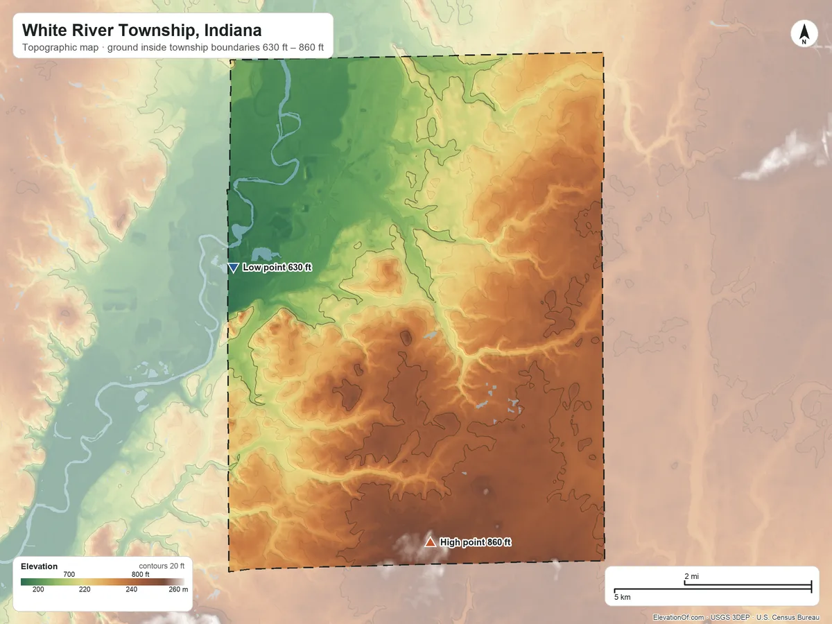 Topographic elevation map of White River Township, Indiana, shaded from 630 ft on the west side to 860 ft on the south side