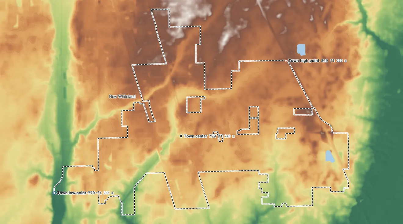 Topographic elevation map of Whiteland, Indiana, shaded from 770 ft on the southwest side to 820 ft on the northeast side