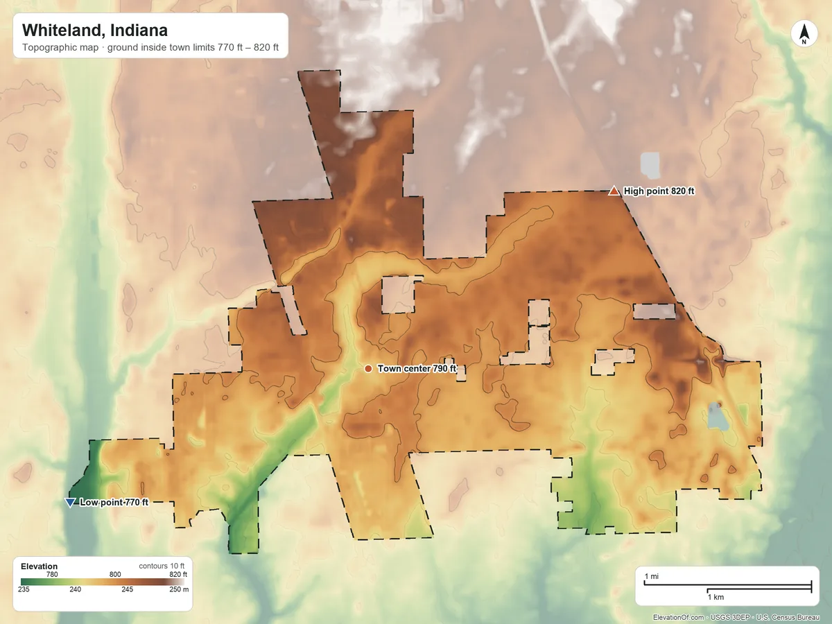 Topographic elevation map of Whiteland, Indiana, shaded from 770 ft on the southwest side to 820 ft on the northeast side