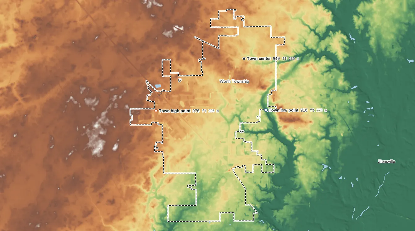 Topographic elevation map of Whitestown, Indiana, shaded from 910 ft on the southeast side to 970 ft on the southwest side