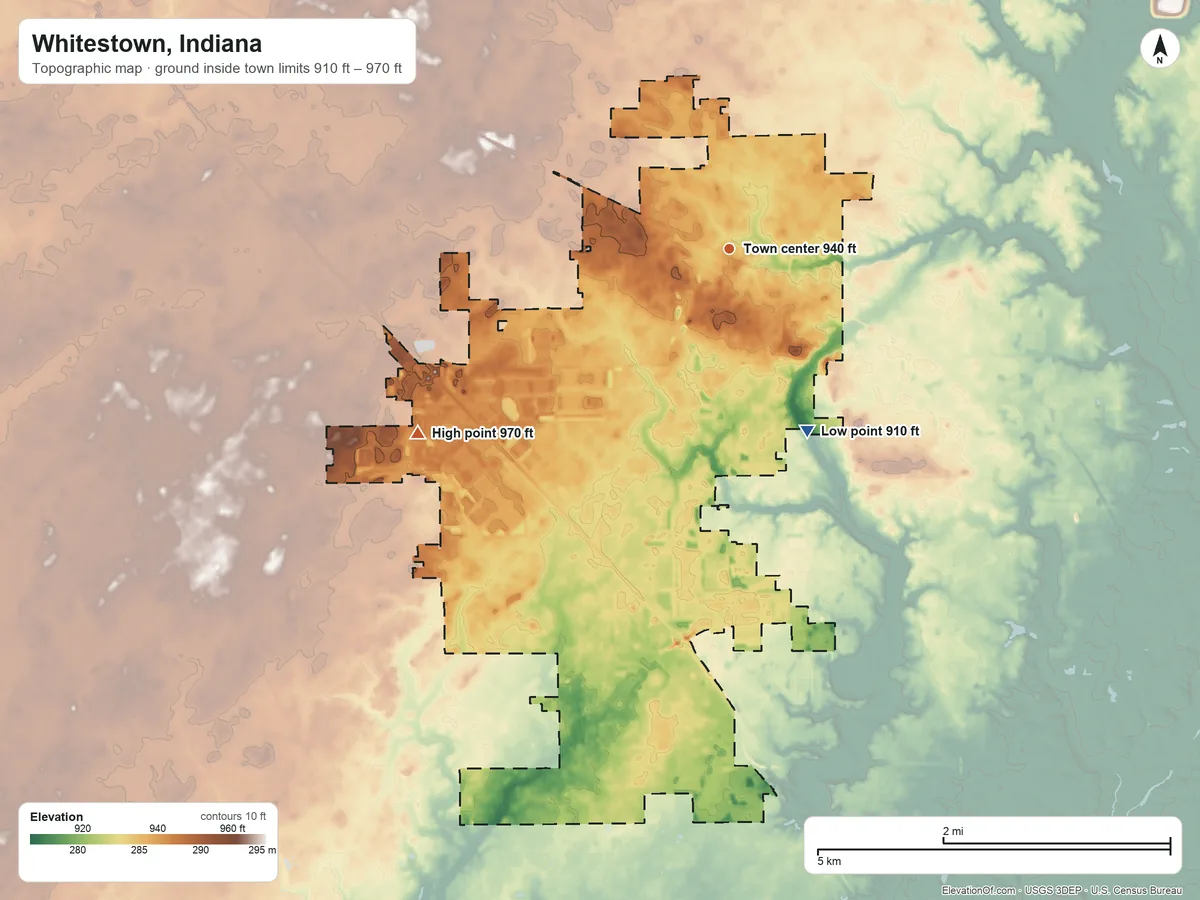 Topographic elevation map of Whitestown, Indiana, shaded from 910 ft on the southeast side to 970 ft on the southwest side