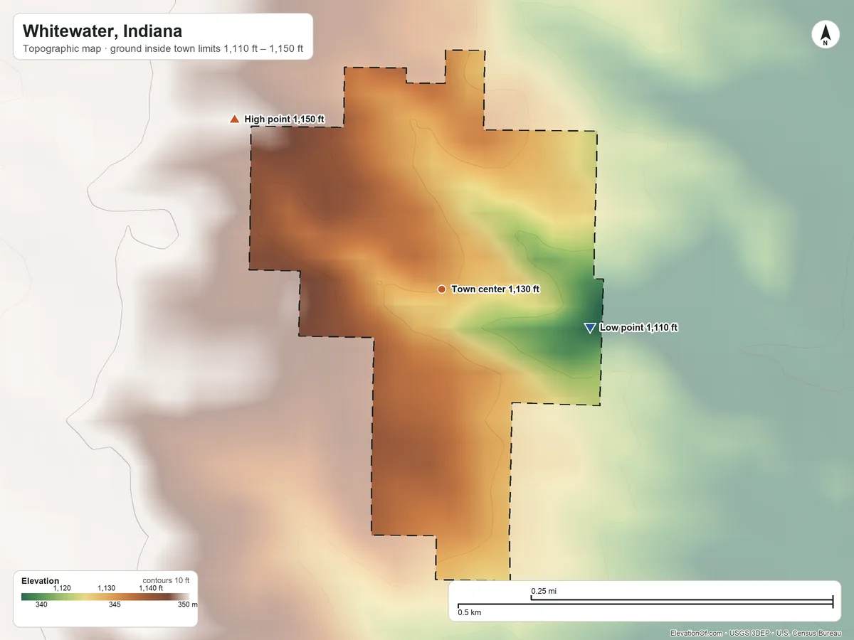Topographic elevation map of Whitewater, Indiana, shaded from 1,110 ft on the east side to 1,150 ft on the northwest side