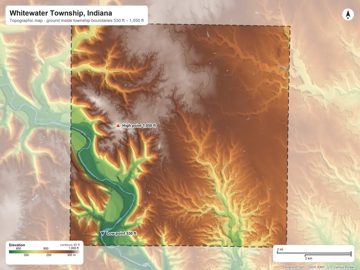 Topographic elevation map of Whitewater Township, Indiana, shaded from 530 ft on the southwest side to 1,050 ft on the northwest side