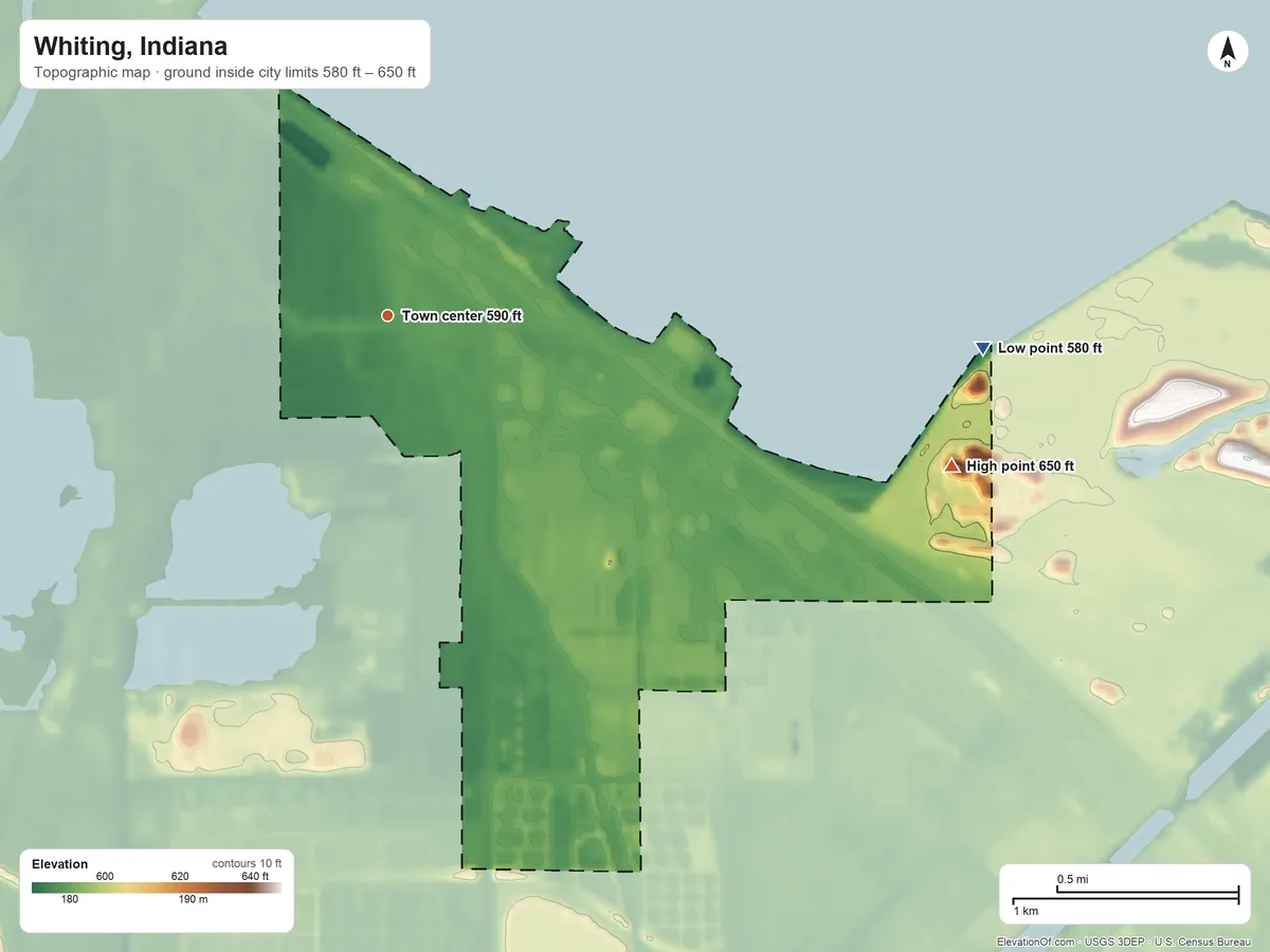 Topographic elevation map of Whiting, Indiana, shaded from 580 ft on the east side to 650 ft on the east side