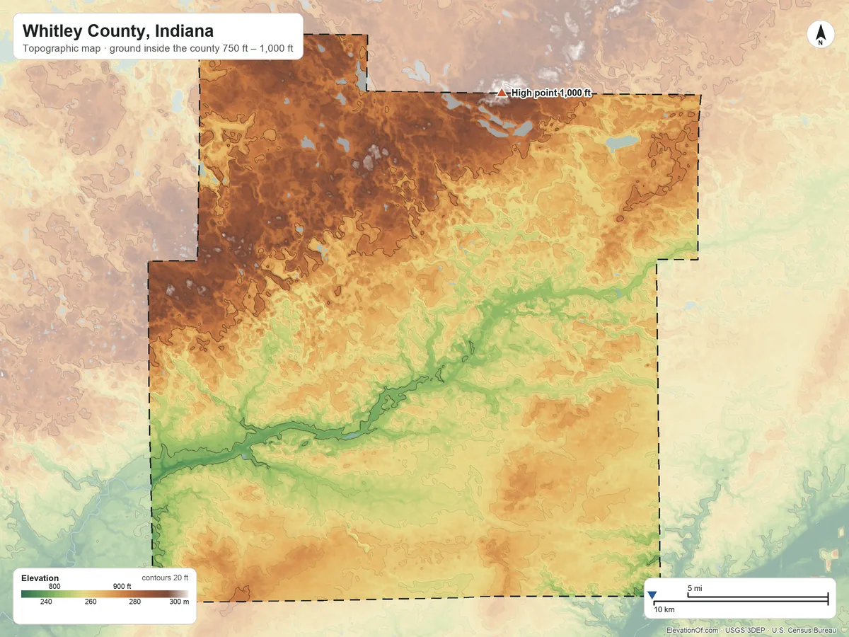 Topographic elevation map of Whitley County, Indiana, shaded from 750 ft on the southeast side to 1,000 ft on the north side