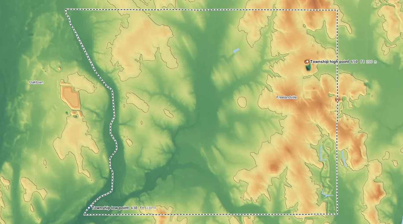 Topographic elevation map of Widner Township, Indiana, shaded from 430 ft on the southwest side to 650 ft on the northeast side