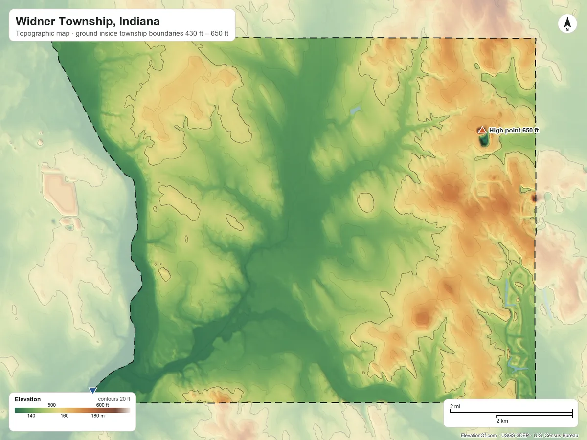 Topographic elevation map of Widner Township, Indiana, shaded from 430 ft on the southwest side to 650 ft on the northeast side