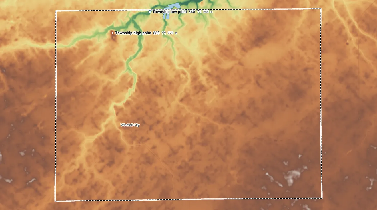 Topographic elevation map of Wildcat Township, Indiana, shaded from 840 ft on the north side to 880 ft on the north side
