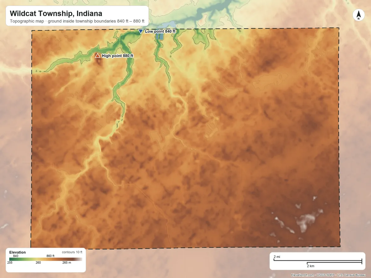 Topographic elevation map of Wildcat Township, Indiana, shaded from 840 ft on the north side to 880 ft on the north side