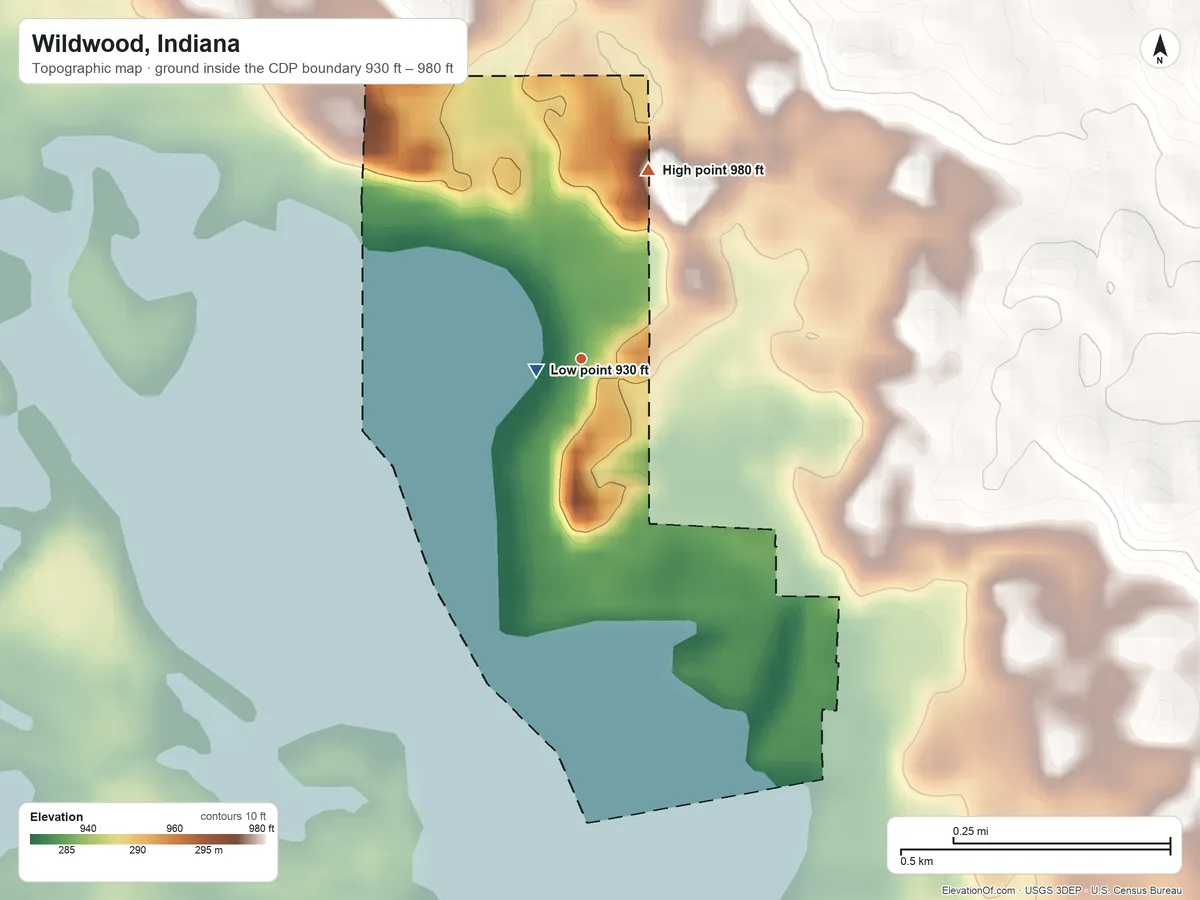 Topographic elevation map of Wildwood, Indiana, shaded from 930 ft near the middle to 980 ft on the north side