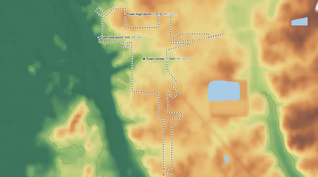 Topographic elevation map of Wilkinson, Indiana, shaded from 990 ft on the northwest side to 1,010 ft on the northwest side