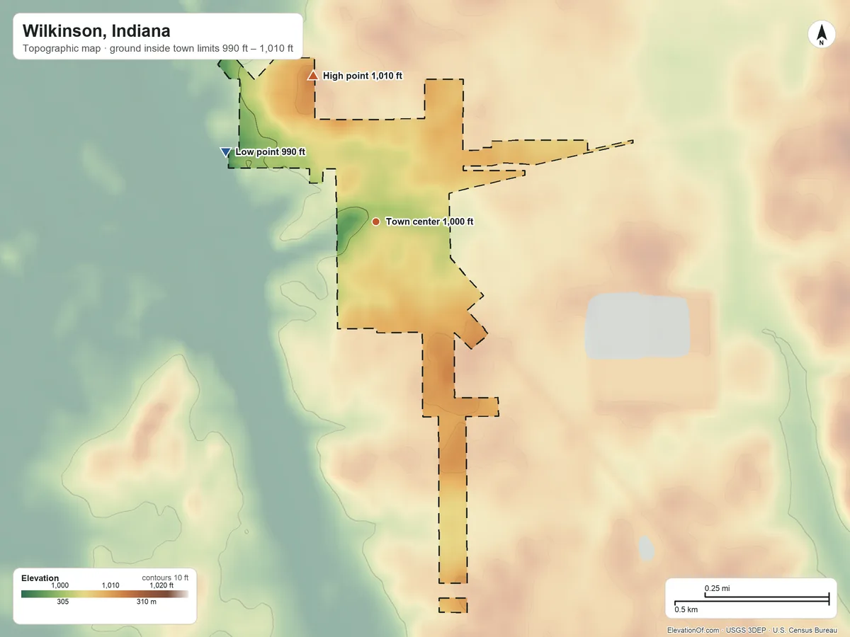 Topographic elevation map of Wilkinson, Indiana, shaded from 990 ft on the northwest side to 1,010 ft on the northwest side