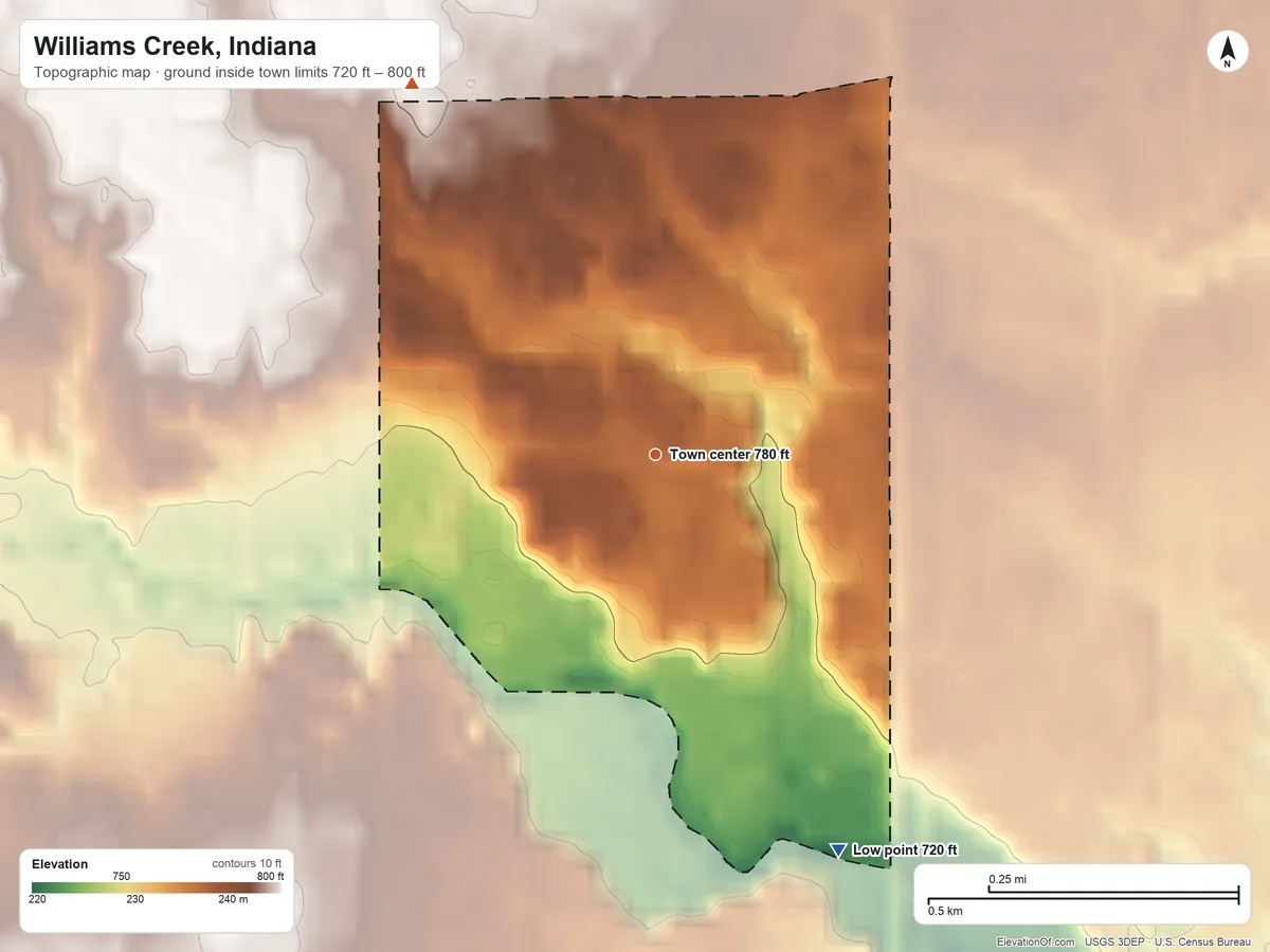 Topographic elevation map of Williams Creek, Indiana, shaded from 720 ft on the southeast side to 800 ft on the northwest side