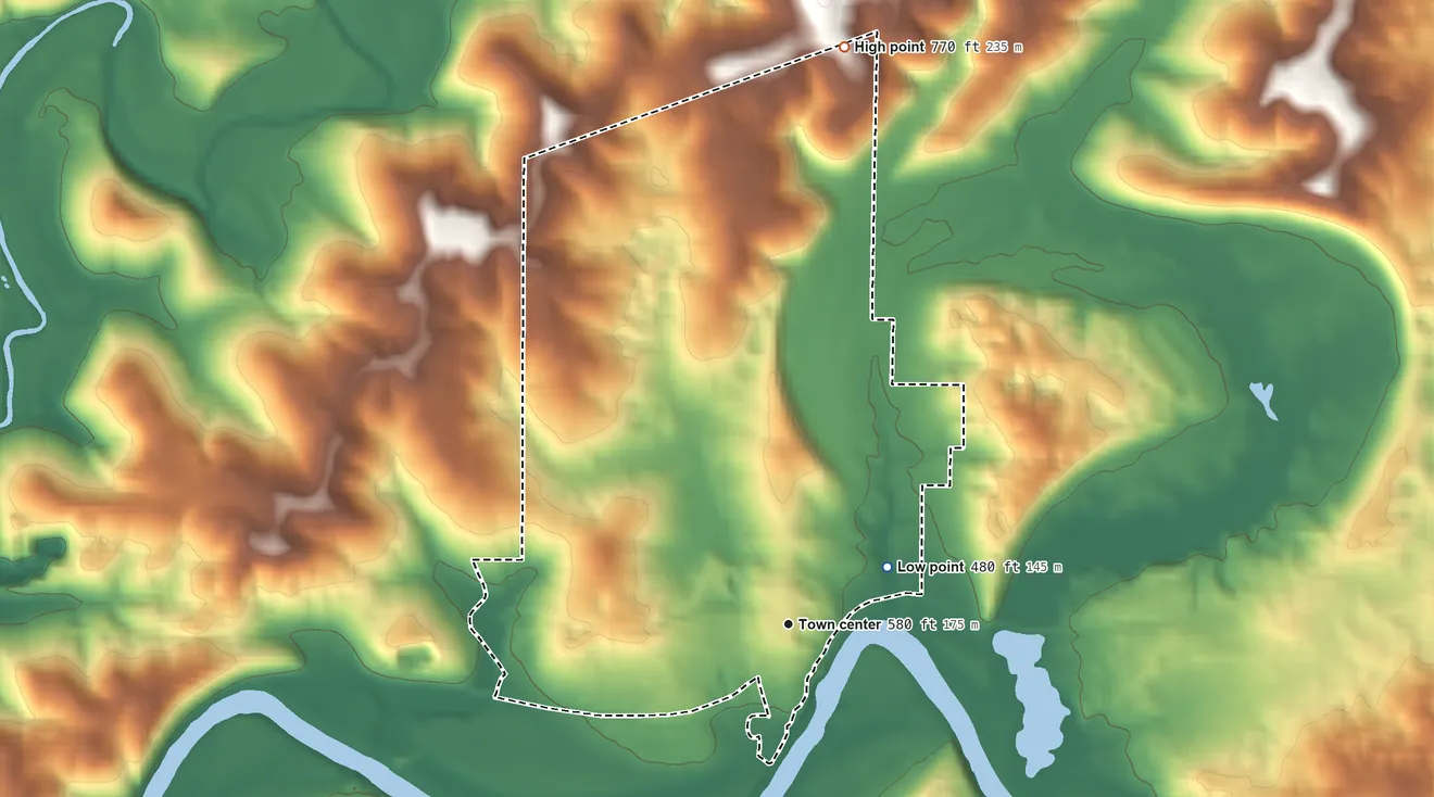 Topographic elevation map of Williams, Indiana, shaded from 480 ft on the northeast side to 770 ft on the north side