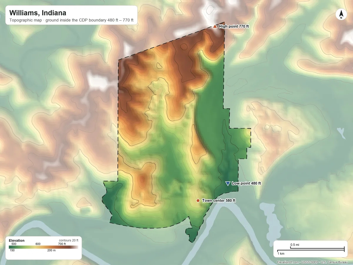Topographic elevation map of Williams, Indiana, shaded from 480 ft on the northeast side to 770 ft on the north side