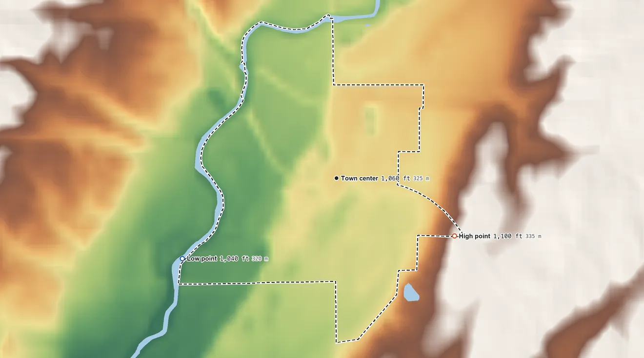 Topographic elevation map of Williamsburg, Indiana, shaded from 1,040 ft on the southwest side to 1,100 ft on the southeast side