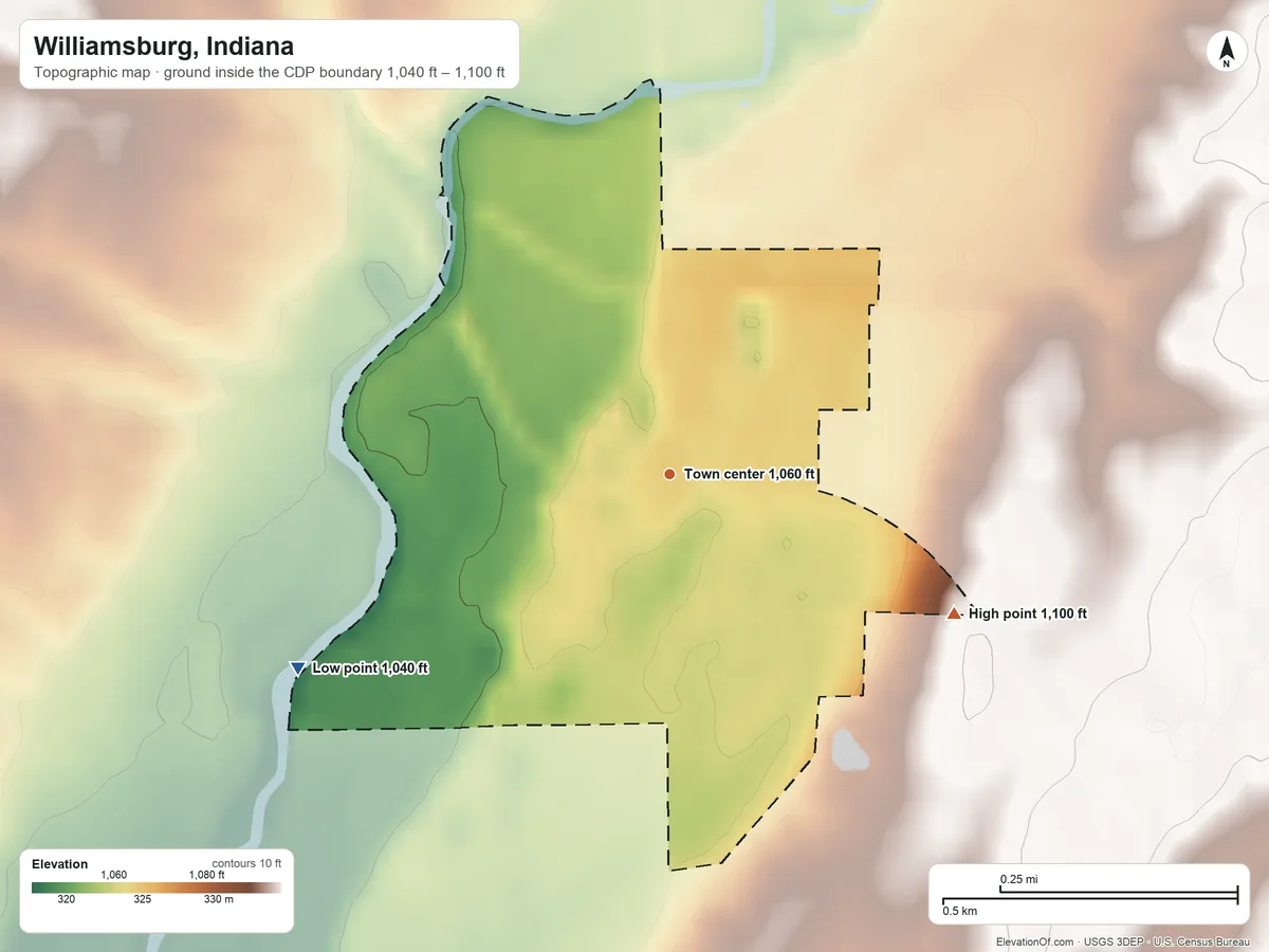 Topographic elevation map of Williamsburg, Indiana, shaded from 1,040 ft on the southwest side to 1,100 ft on the southeast side