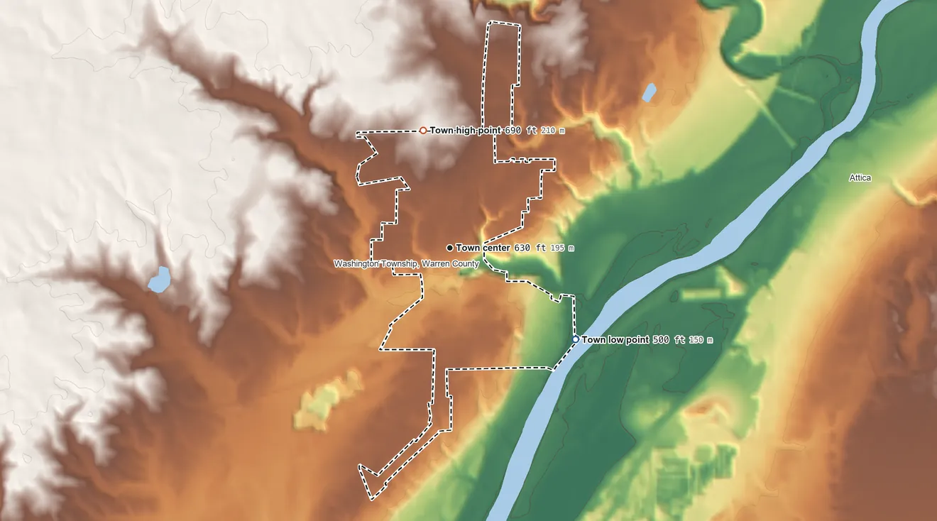 Topographic elevation map of Williamsport, Indiana, shaded from 500 ft on the southeast side to 690 ft on the north side