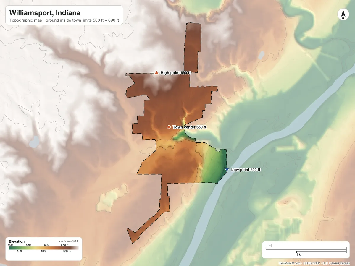 Topographic elevation map of Williamsport, Indiana, shaded from 500 ft on the southeast side to 690 ft on the north side