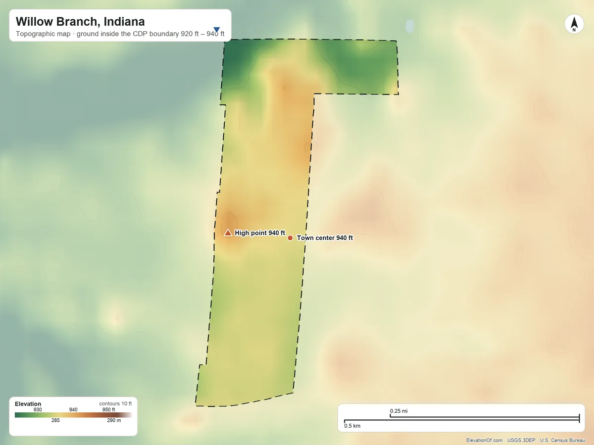 Topographic elevation map of Willow Branch, Indiana, shaded from 920 ft on the north side to 940 ft on the west side
